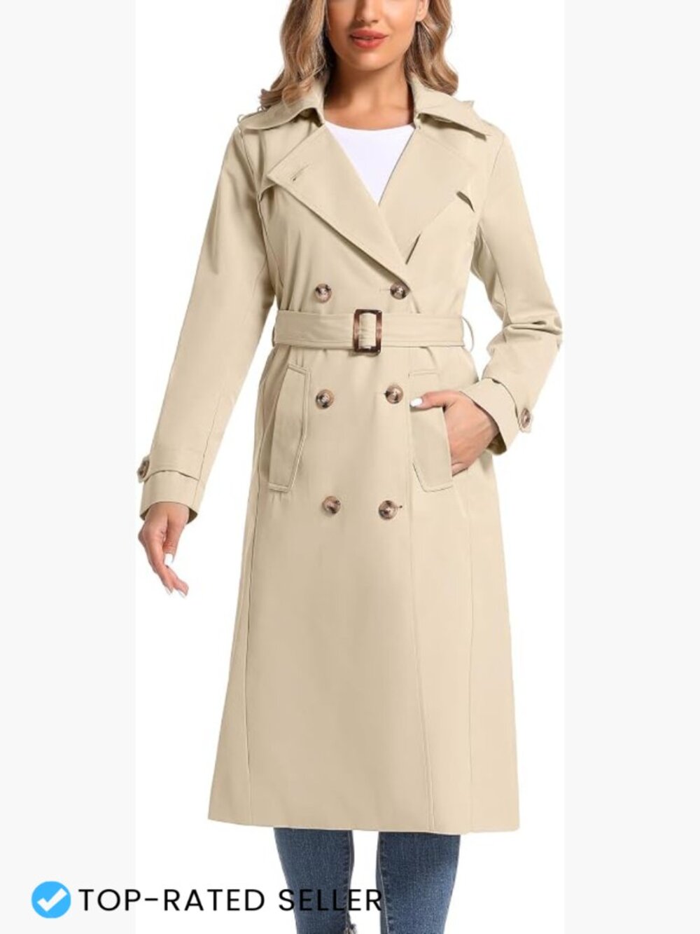 Waterproof Long Trench Coat Double Breasted Belted Removable Hood Slim Fit